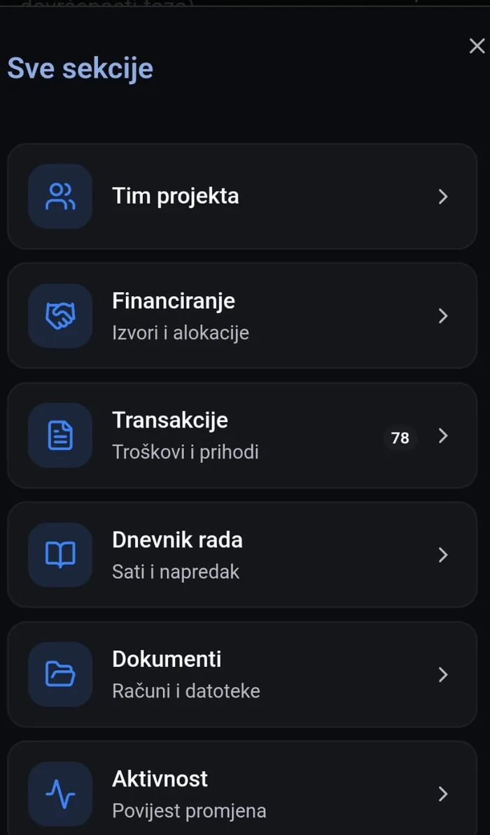Popis sekcija unutar projekta u Centru: tim projekta, financiranje, transakcije, dnevnik rada, dokumenti i aktivnost