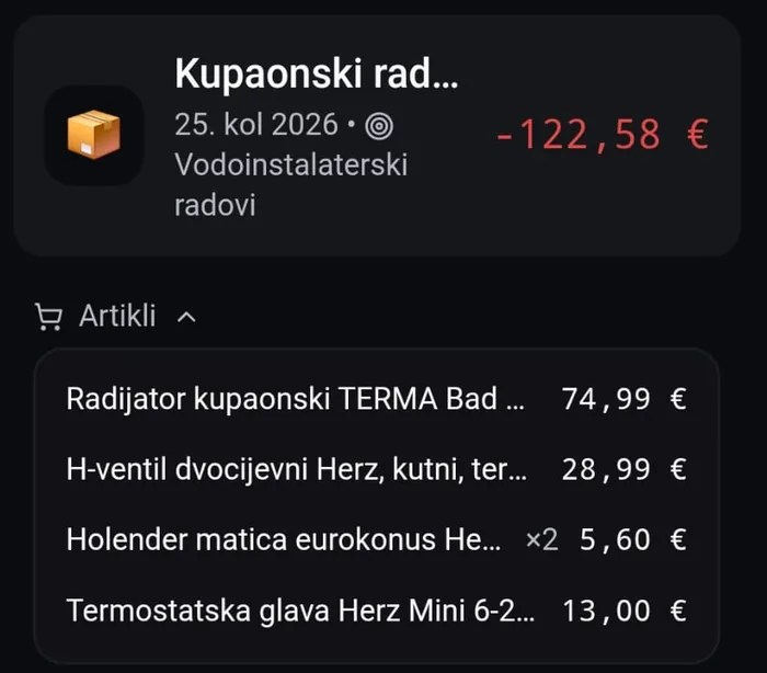 Detalji troska u Centru: iznos, faza vodoinstalaterski radovi i popis artikala s cijenama